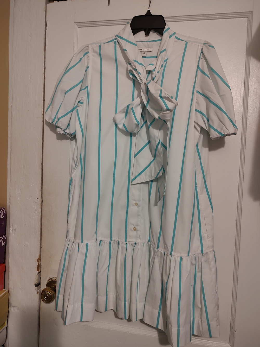 Tie-Neck Striped Kids Dress - White with Teal Stripes